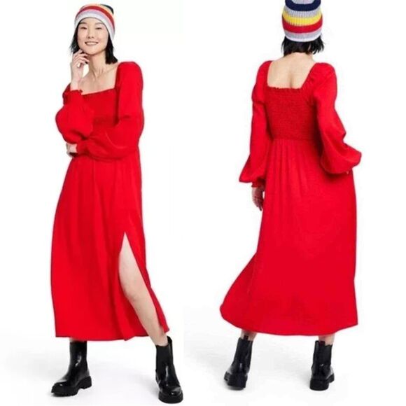 La Ligne X Target Red Smocked Bodice Long Sleeved Square Neck Midi Dress - Picture 1 of 7